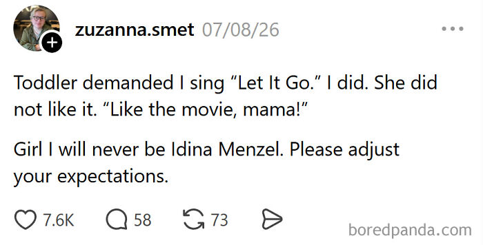A meme about raising kids, depicting a parent's funny struggle to sing Let It Go for a toddler, highlighting parenting challenges.