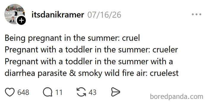 A meme humorously describing the increasing difficulty of raising kids while pregnant in the summer.