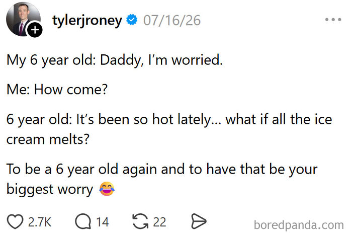A funny meme about a 6-year-old's biggest worry being ice cream melting, related to raising kids.