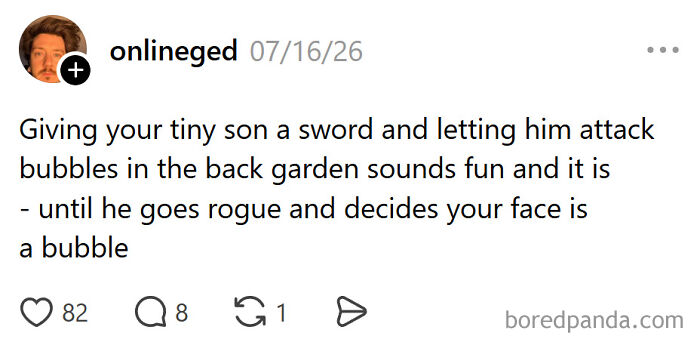 Meme about raising kids: a parent jokes about their son attacking bubbles and their face with a sword.