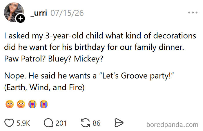 A funny meme about raising kids, showing a parent's tweet about her 3-year-old wanting a 'Let's Groove party.'