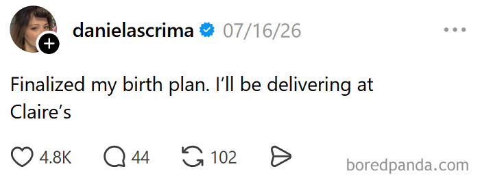 A meme about raising kids, showing a tweet from a parent who finalized her birth plan to deliver at Claire's.