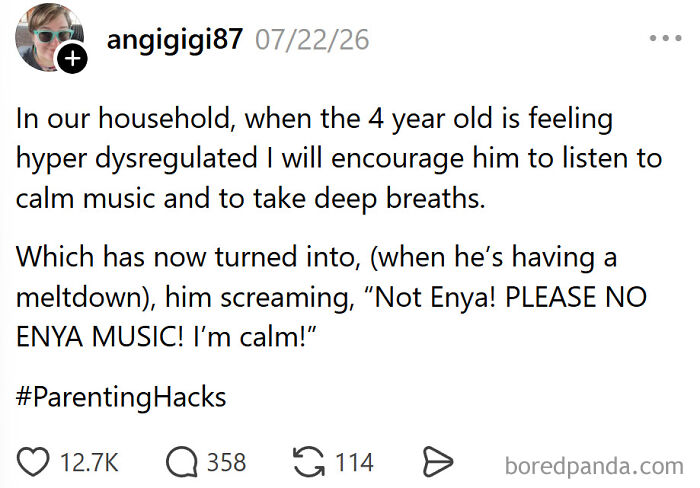 A funny meme about raising kids, showing a tweet from angigigi87 about her 4-year-old screaming Not Enya.