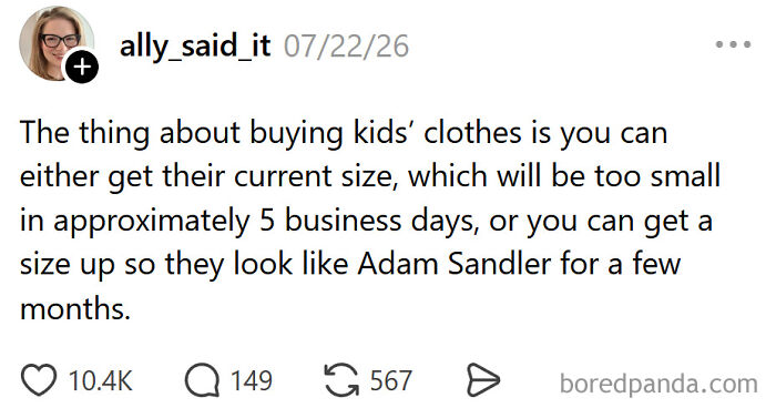 A funny meme about raising kids, showing a tweet from ally_said_it about buying kids' clothes too small or too big.