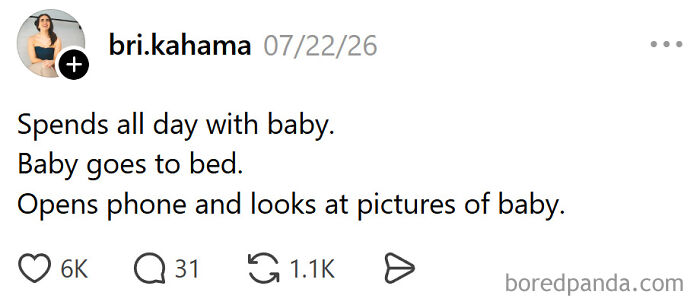 Meme about raising kids, a parent looking at baby pictures on their phone after the baby goes to bed, relatable.