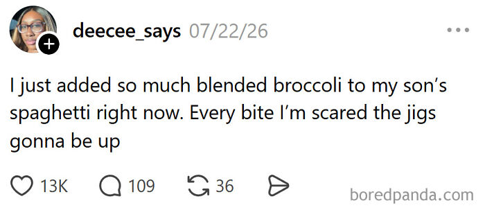 Meme about raising kids, a parent secretly adding blended broccoli to their son's spaghetti, painfully true parenting.