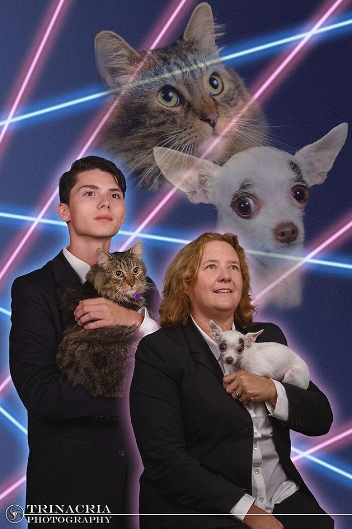 A retro-styled portrait of a family with a man holding a cat, a woman holding a chihuahua, and floating animal photos.