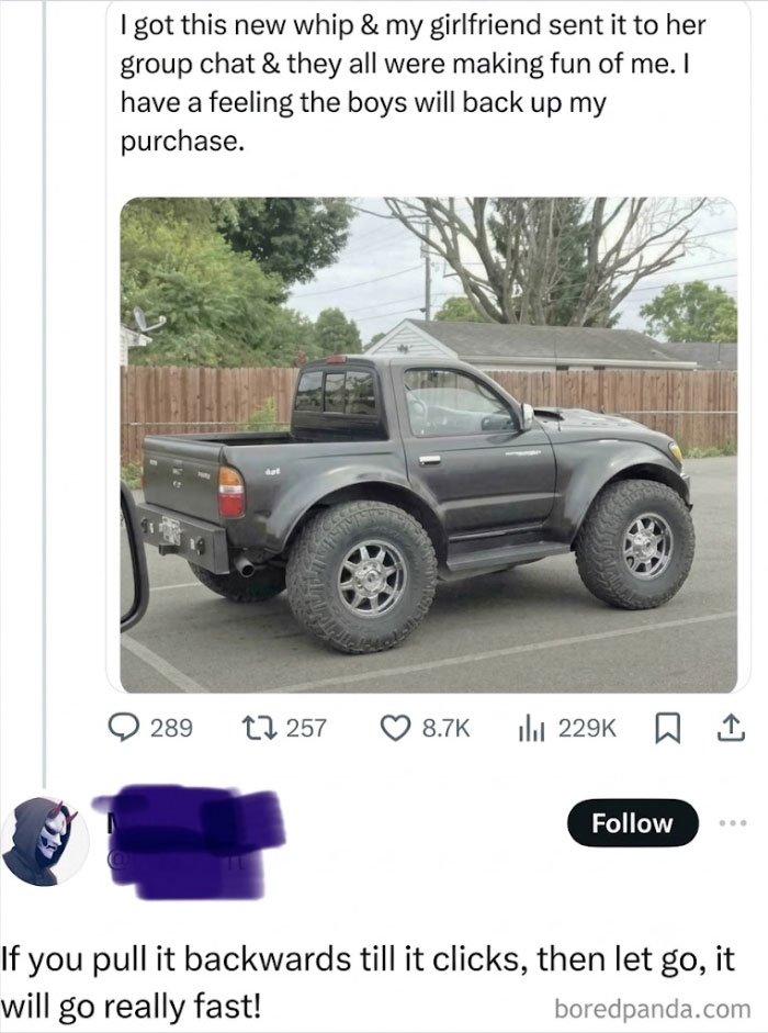 A social media post showing a highly modified truck with oversized wheels, and a witty clapback roast suggesting it's a pull-back toy.
