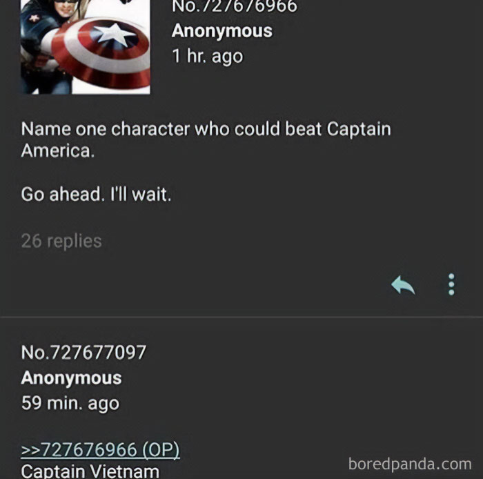 A social media post with a challenge to name a character who could beat Captain America, followed by a clever clapback.