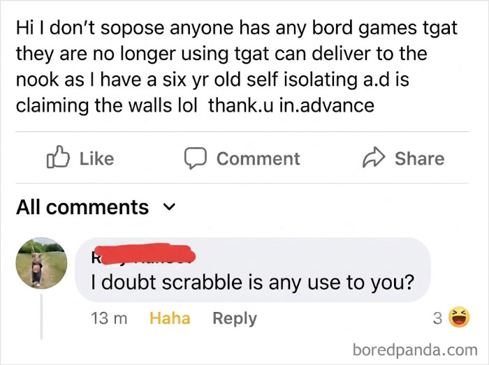 A Facebook post asking for board games, with a clever clapback in the comments suggesting scrabble.