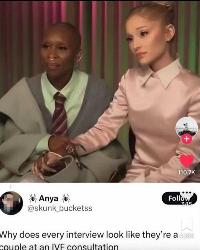 Two women, one with a shaved head and nose ring, the other with a high ponytail, sitting side-by-side, prompting a clever clapback.