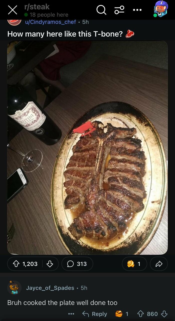 A well-done T-bone steak, cut into slices on a plate, with a delicious roast in the comments about cooking the plate too.