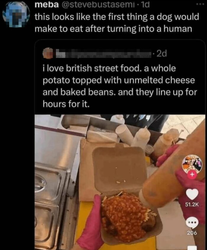 A person in pink gloves preparing British street food: a potato topped with unmelted cheese and baked beans, a delicious roast.