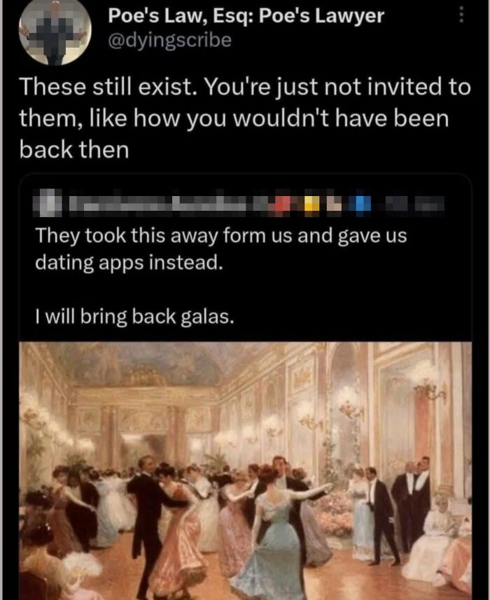 An oil painting of people dancing elegantly in a grand ballroom, reminiscent of historical galas, a delicious roast for those not invited.