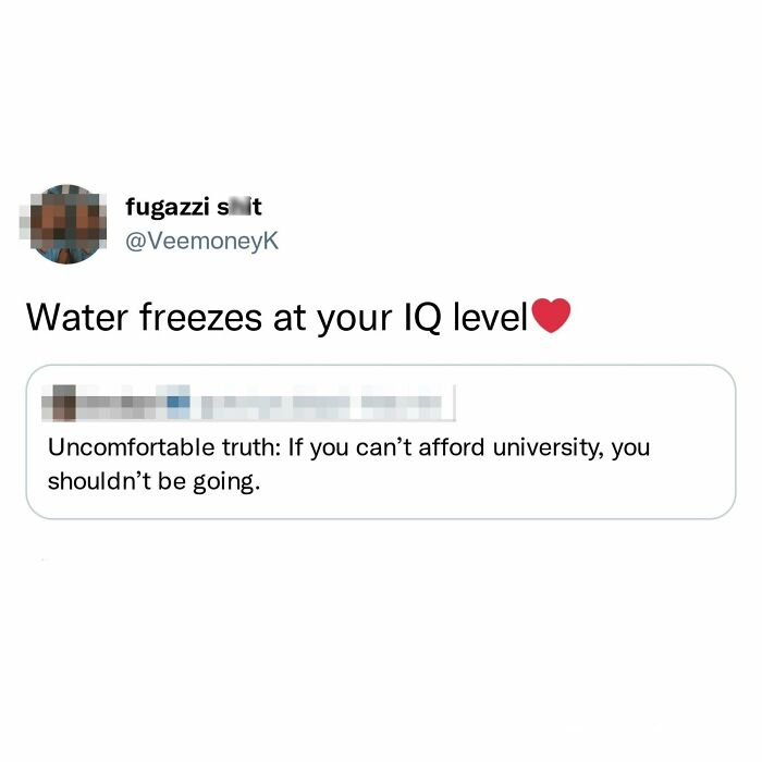 A Twitter post stating water freezes at your IQ level, a delicious roast to a comment about university.
