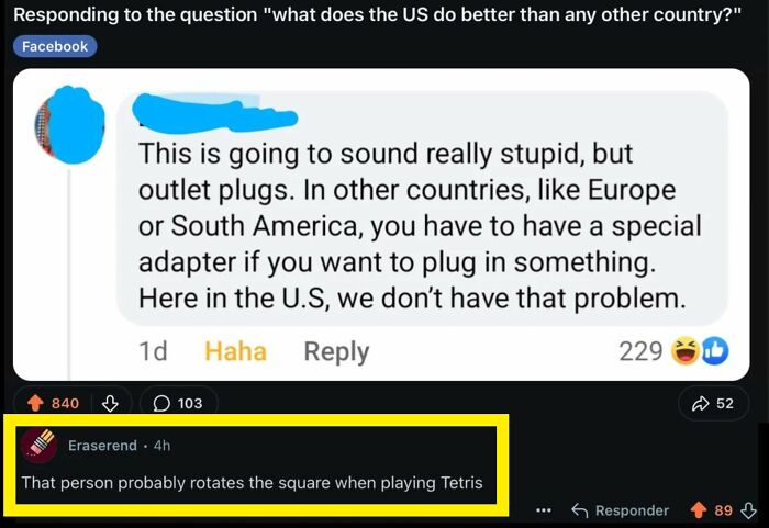 A Facebook comment praising US outlet plugs, followed by a delicious roast about rotating Tetris squares.