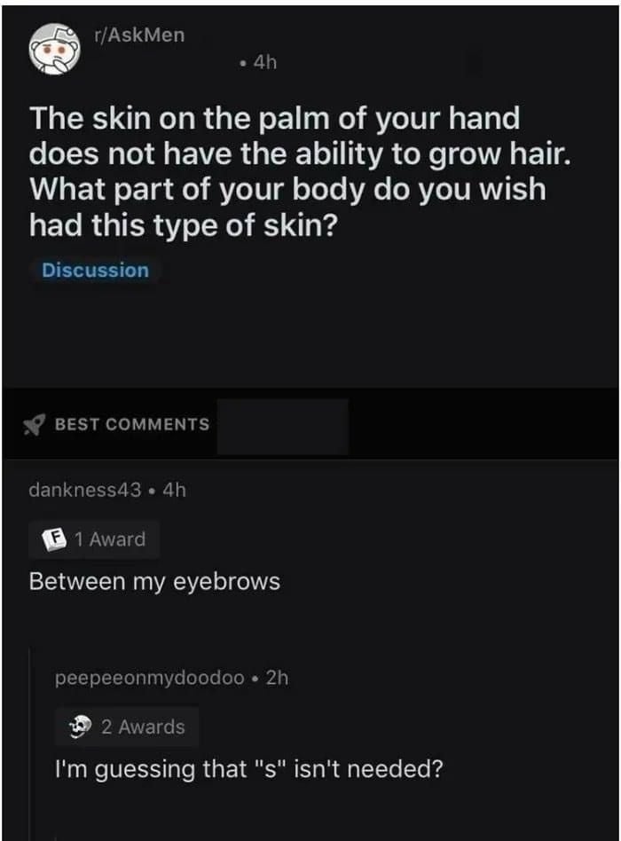 A Reddit post from r/AskMen asking about skin without hair, followed by a clever clapback roast.