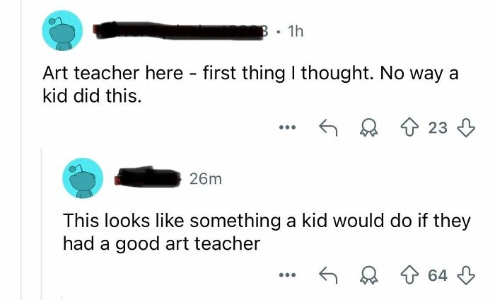 A social media screenshot features a clever clapback about a kid's artwork and art teachers.