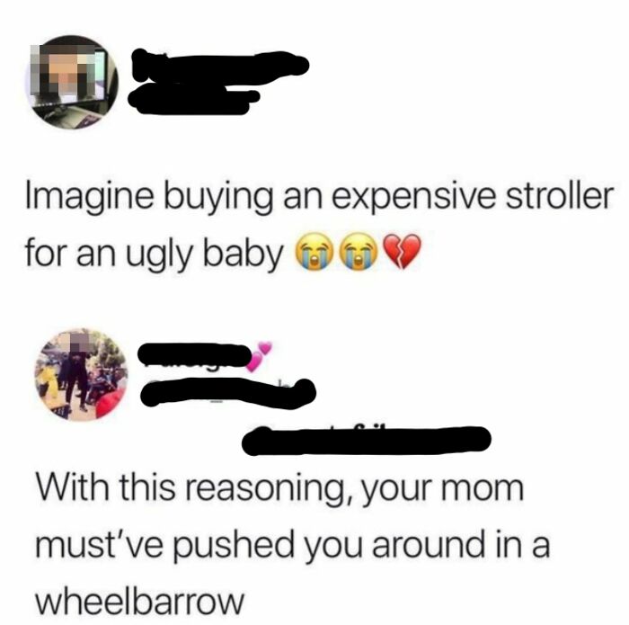 A social media post with a clever clapback roast about an expensive stroller for an ugly baby.