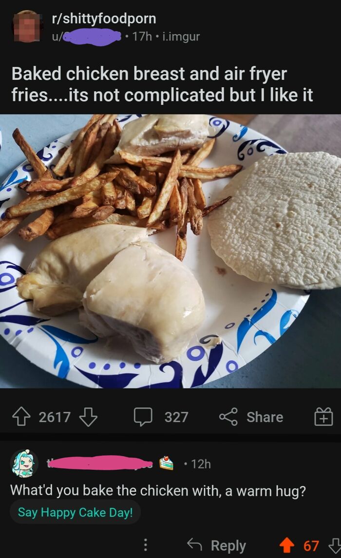 A plate of unseasoned baked chicken and fries on a paper plate, with a funny roast about the bland food.