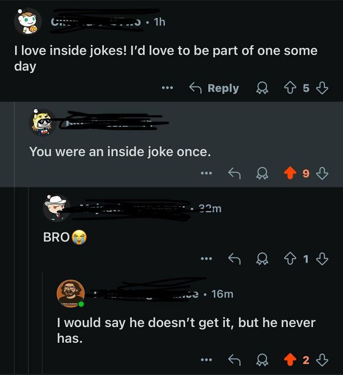 A social media screenshot showcasing a series of funny clapbacks related to inside jokes.