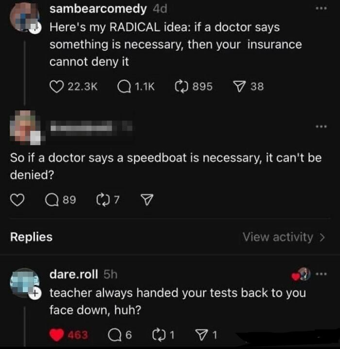A social media screenshot shows a humorous clapback about a teacher handing tests back face down.