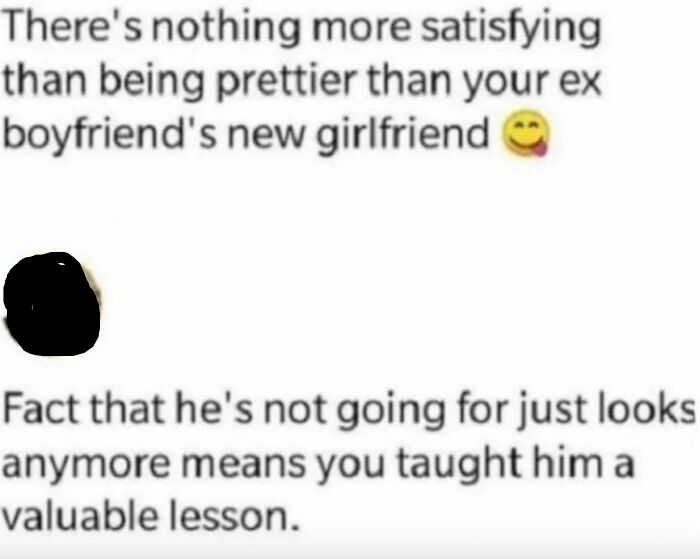 A social media post about being prettier than an ex-boyfriend's new girlfriend with a roast reply.