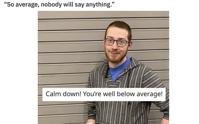 A meme with a man smiling, text says So average, nobody will say anything. Calm down! You're well below average! offering roasts.