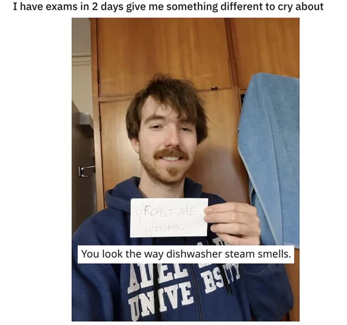 A roast meme of a man with a mustache, holding a sign, with the clapback: 'You look the way dishwasher steam smells.'
