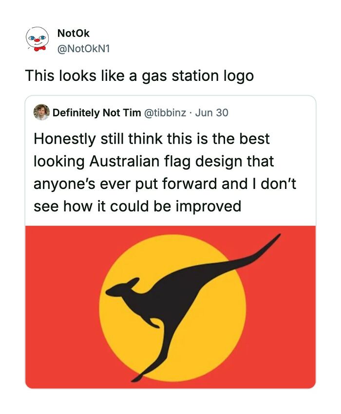 An image of the Aboriginal flag with a black kangaroo against a yellow circle on a red background, inspiring funny comments about its design.