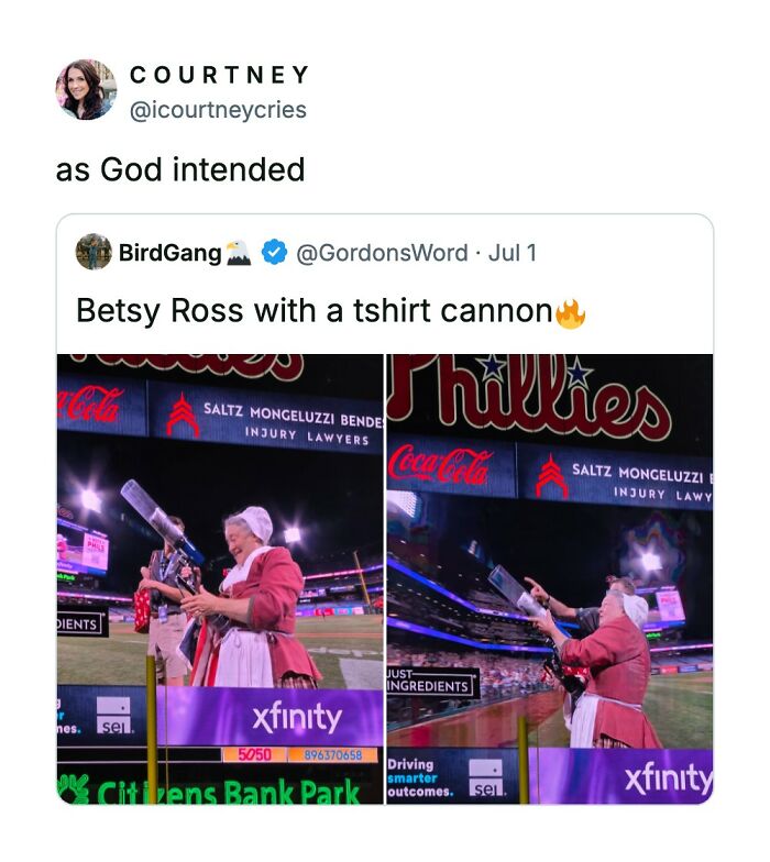 Funny comments on an image of Betsy Ross with a t-shirt cannon at a Phillies game.