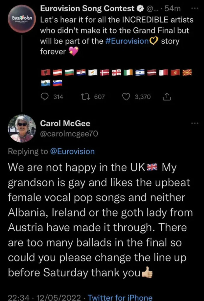 A tweet from Eurovision and a reply from Carol McGee, featuring funny comments about the song contest results.