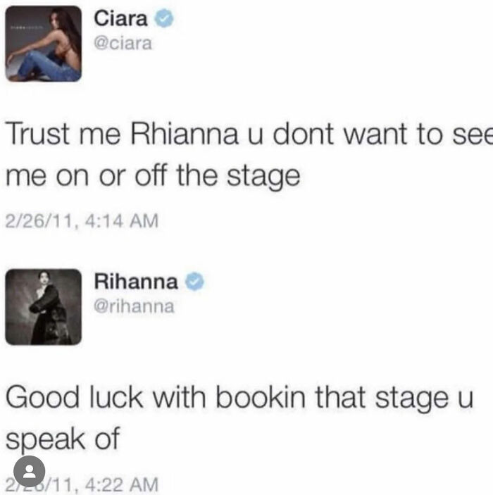 A Twitter exchange between Ciara and Rihanna with witty remarks, categorized as funny comments.