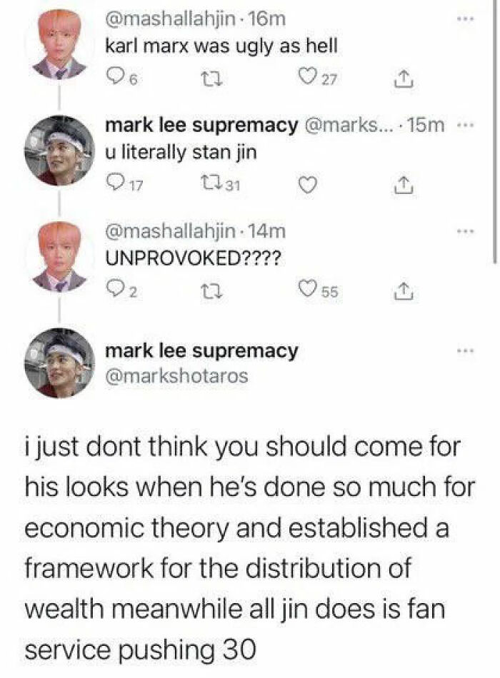 A Twitter thread debating Karl Marx's looks versus Jin's fan service, featuring funny comments.