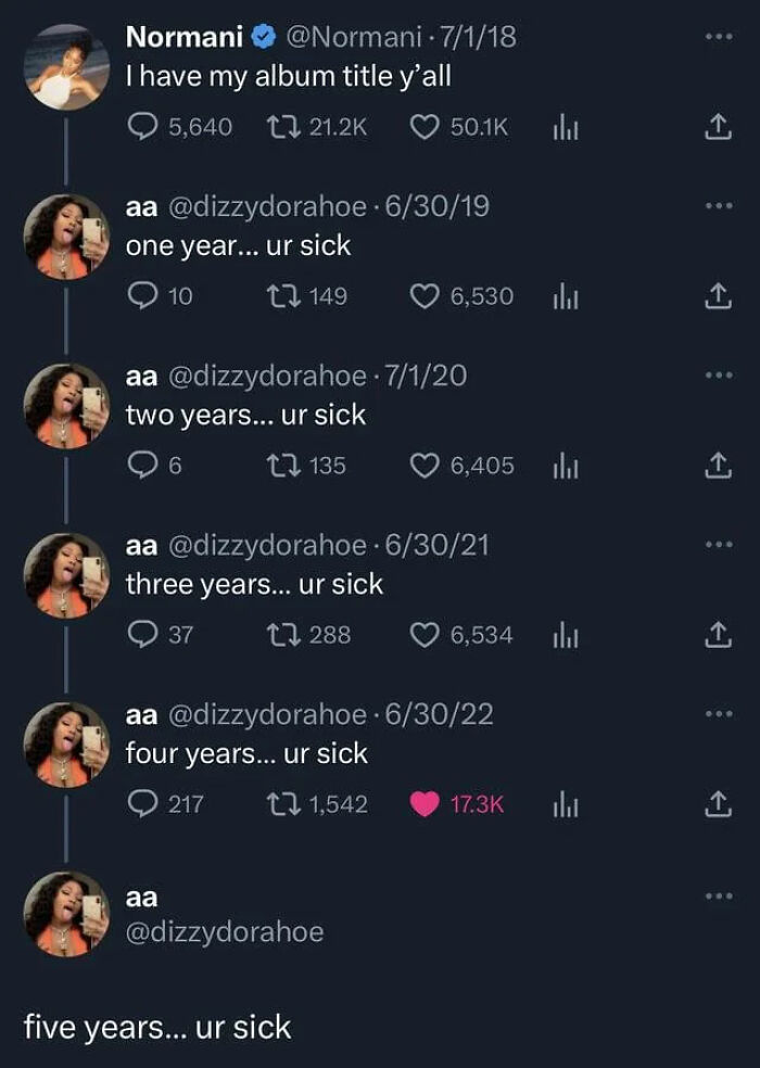 A series of tweets by @dizzydorahoe following Normani, illustrating funny comments over several years.
