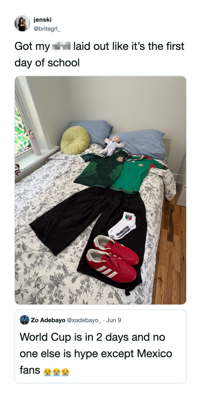 Funny World Cup tweet showing Mexico football outfits laid out, exciting football fans.