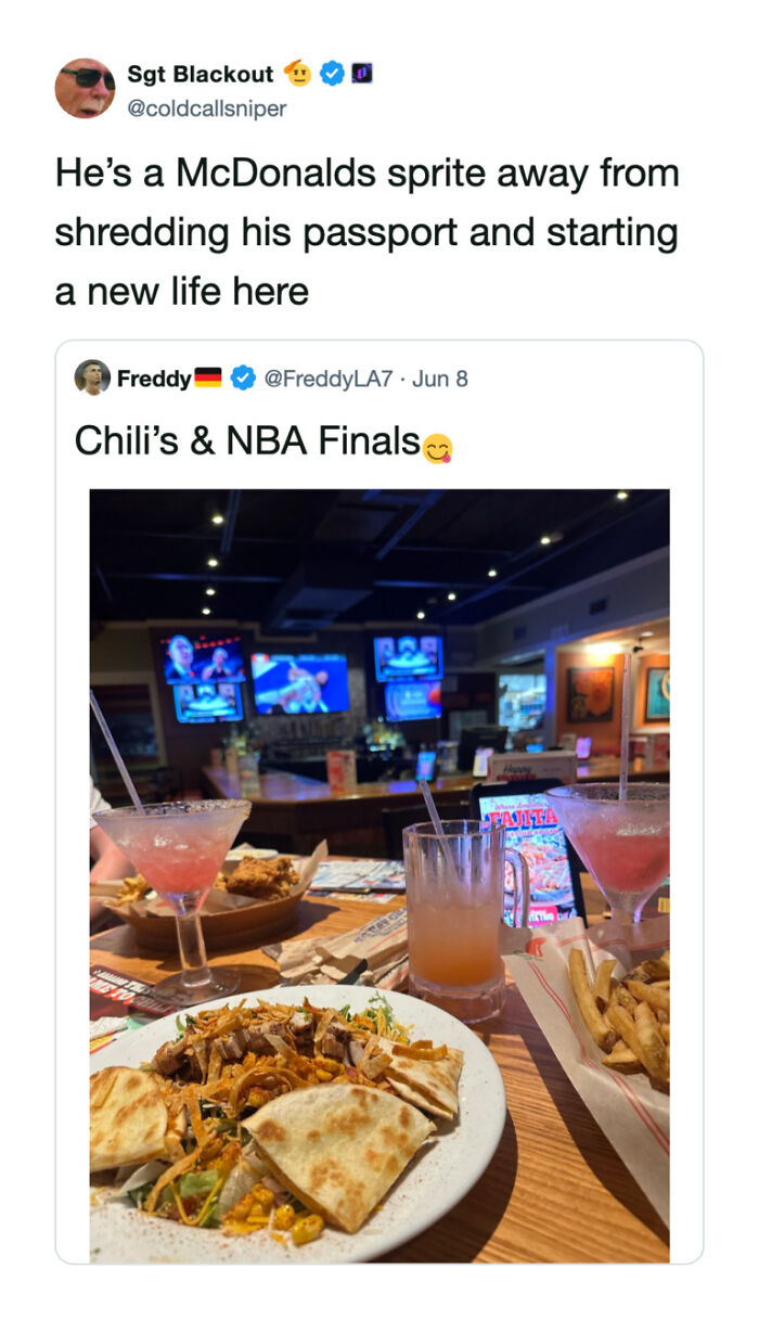 A tweet featuring a restaurant interior with food and drinks, discussing the user's changing nationality for Chili's and NBA Finals. Funniest World Cup Tweets.
