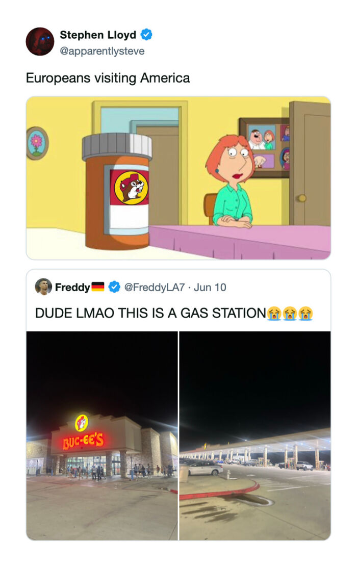 A World Cup tweet with a meme about Europeans visiting America, featuring a large Buc-ee's container.