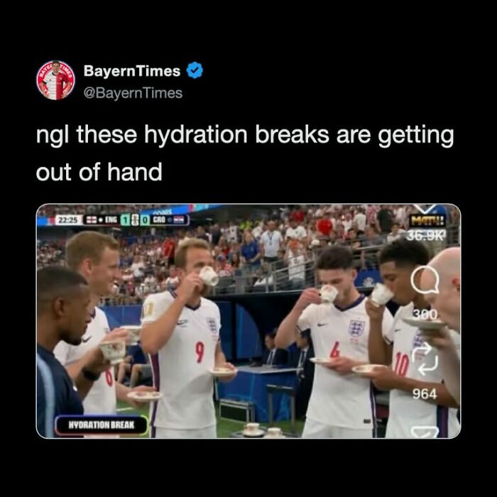 Funny World Cup tweet depicting football fans belly-laughing about England players enjoying tea during a hydration break.