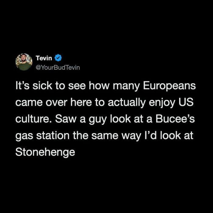 A World Cup fan tweets about Europeans enjoying US culture, finding humor in their fascination with American staples.