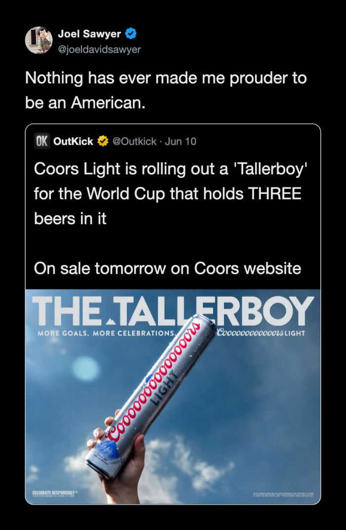 Funny World Cup tweet featuring a Coors Light Tallerboy, creating belly-laughing content for football fans.