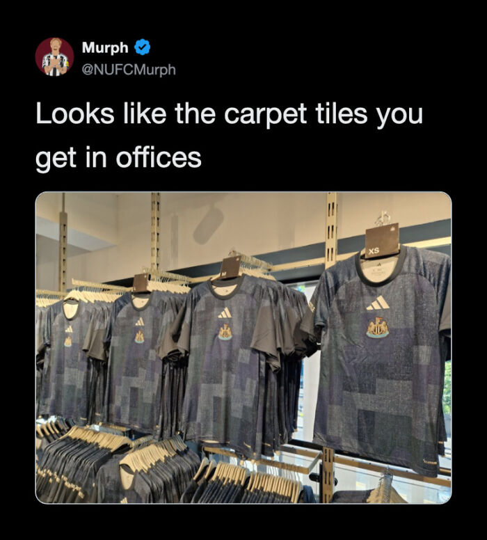 A tweet comparing Newcastle Uniteds football kits to office carpet tiles, a funny World Cup tweet.