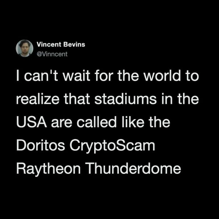 Funny World Cup tweet about US stadiums having silly names like Doritos CryptoScam Raytheon Thunderdome.