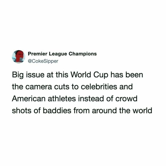 A World Cup tweet highlights the issue of camera cuts to celebrities instead of crowd shots, showing football fans disappointment.