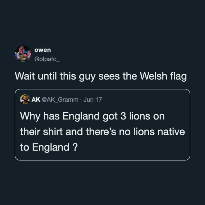 A funny World Cup tweet about England's shirt lions and the Welsh flag.