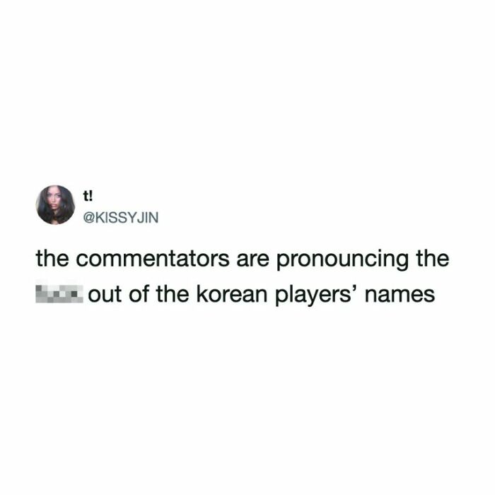 A World Cup tweet by t! (@KISSYJIN) about commentators mispronouncing Korean players names.