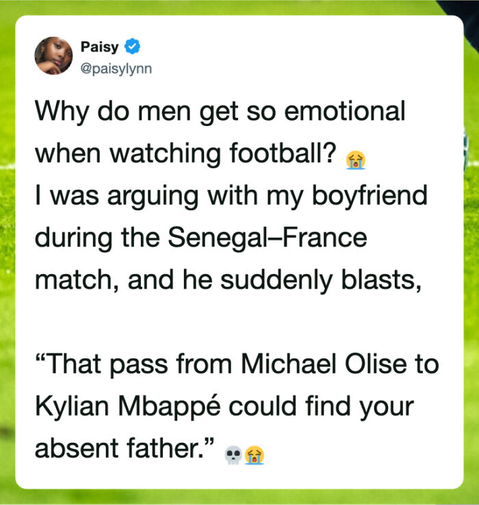 Funny World Cup tweet about emotional football fans during a Senegal-France match.