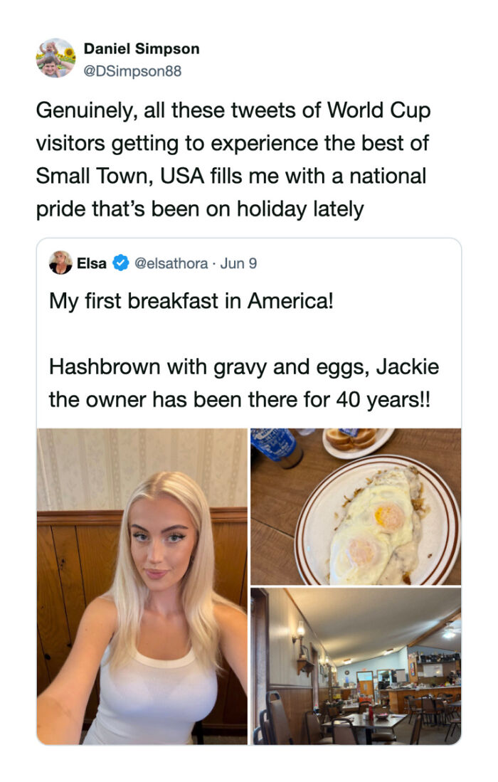 A tweet about World Cup visitors experiencing Small Town, USA, showing images of a woman, breakfast, and a diner interior.