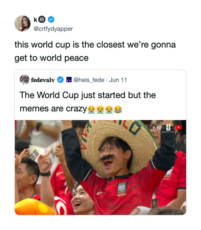 A tweet and image showing a fan in a sombrero with a drawn mustache at the World Cup, a funny football tweet.
