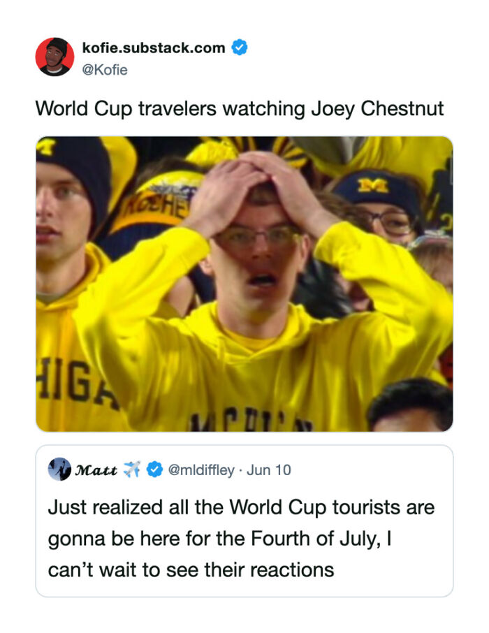 World Cup fans react to Joey Chestnut, humorously capturing their surprise and excitement, a funny moment for football fans.